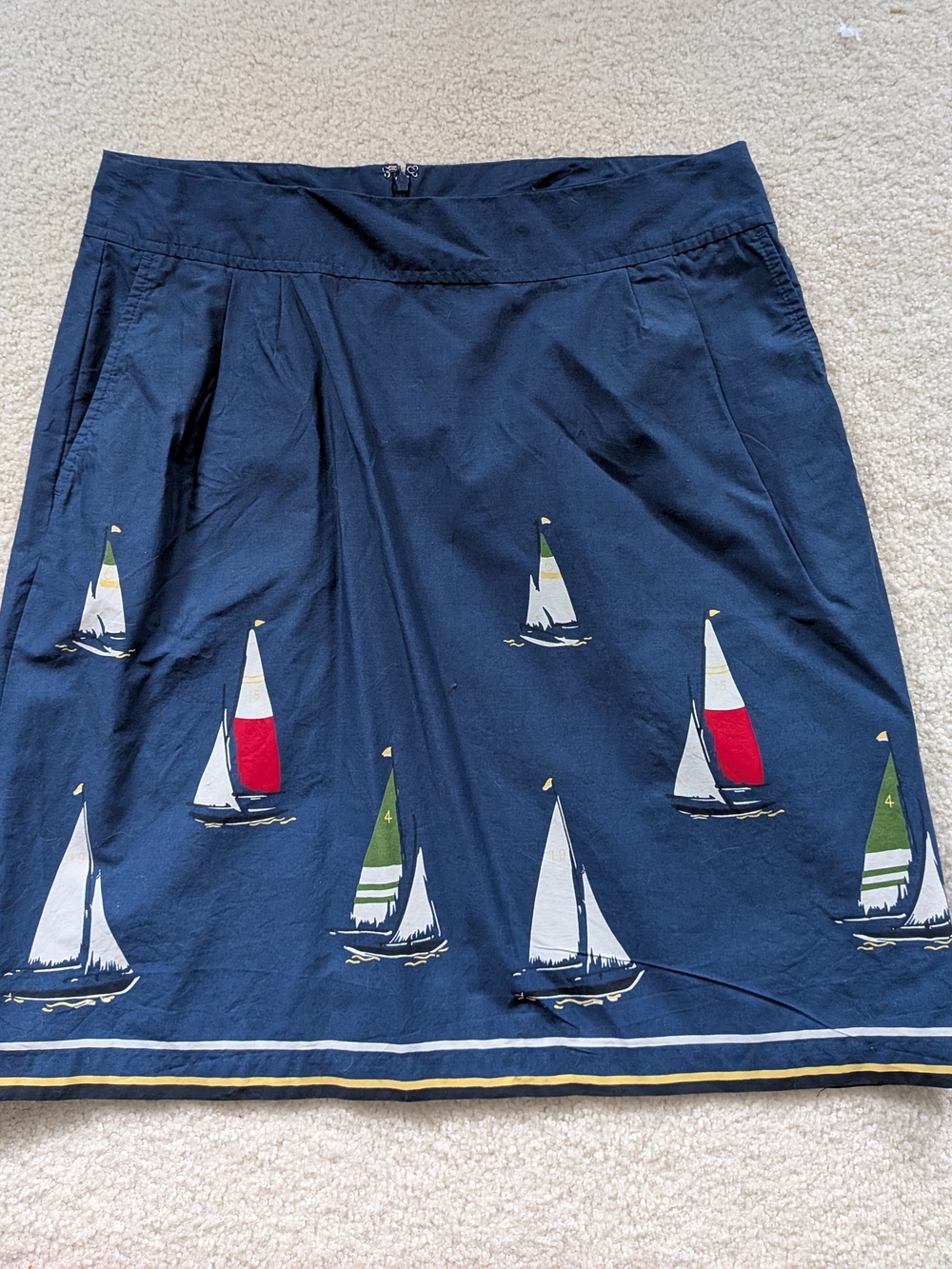 Lands' End Navy Sailboat-Print A-Line Skirt with Red & Green Accents